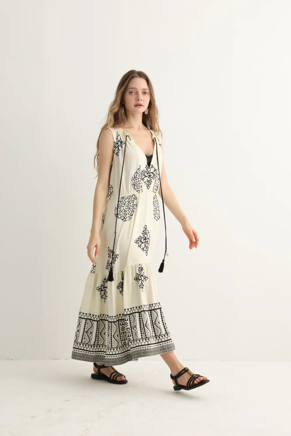 cream embroidered maxi dress side view