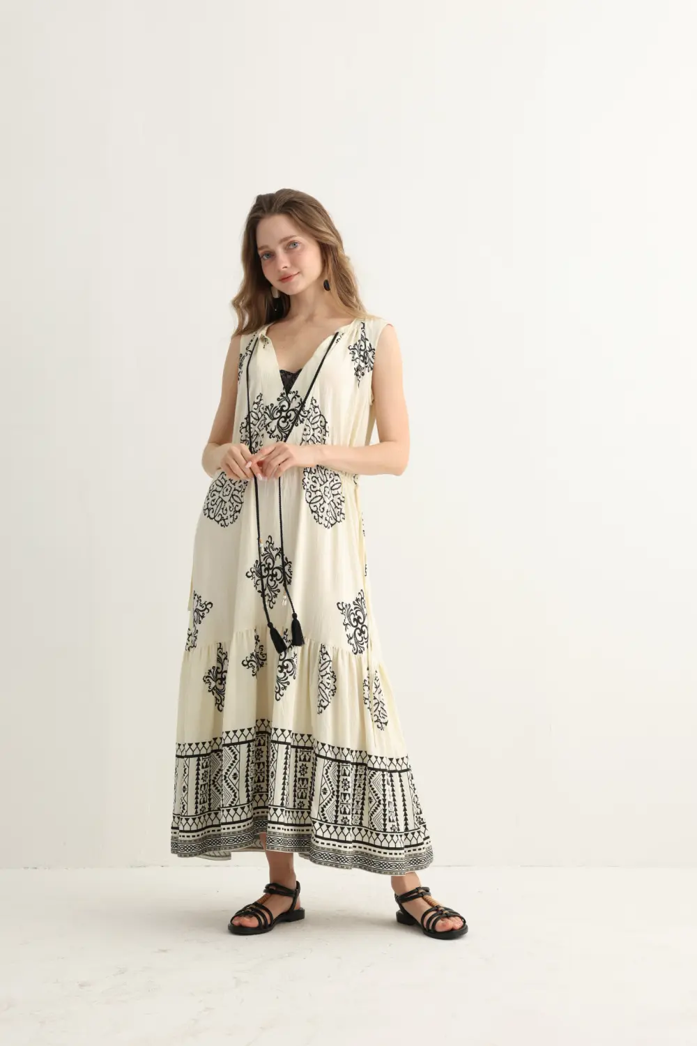 Cream Embroidered Maxi Dress with Tassels, alternate view
