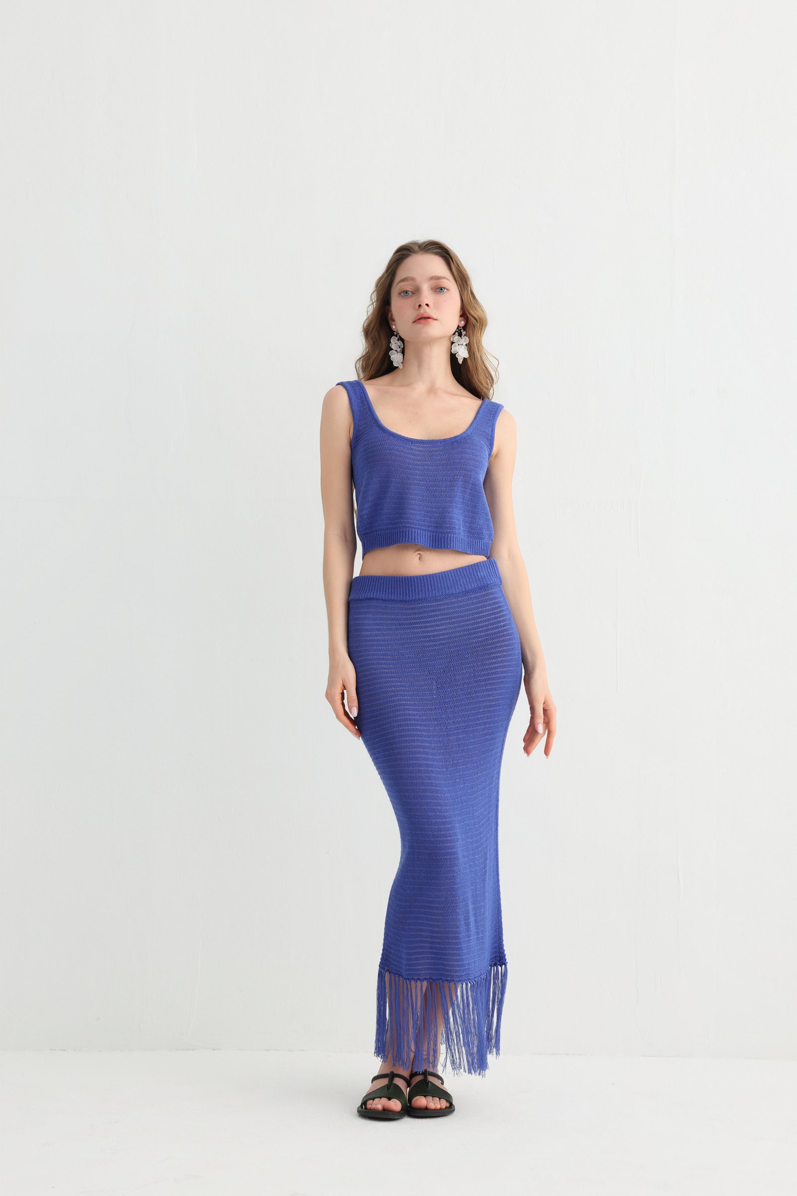 Knit Crop Top Skirt Set with Fringe Hem, alternate view