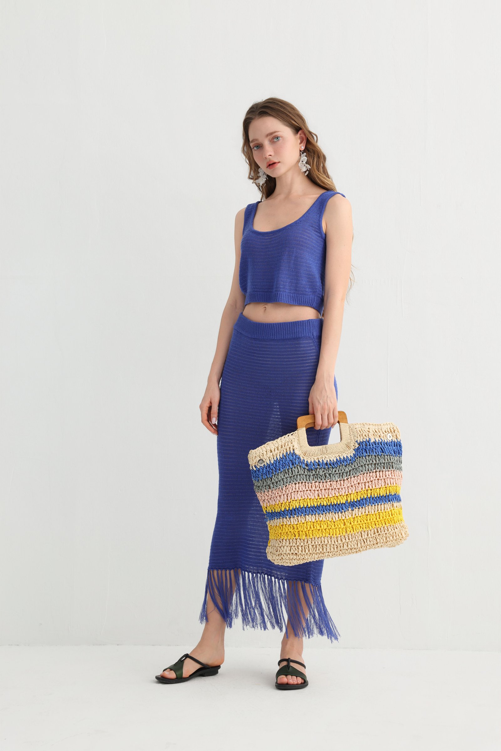 Knit Crop Top Skirt Set with Fringe Hem, alternate view