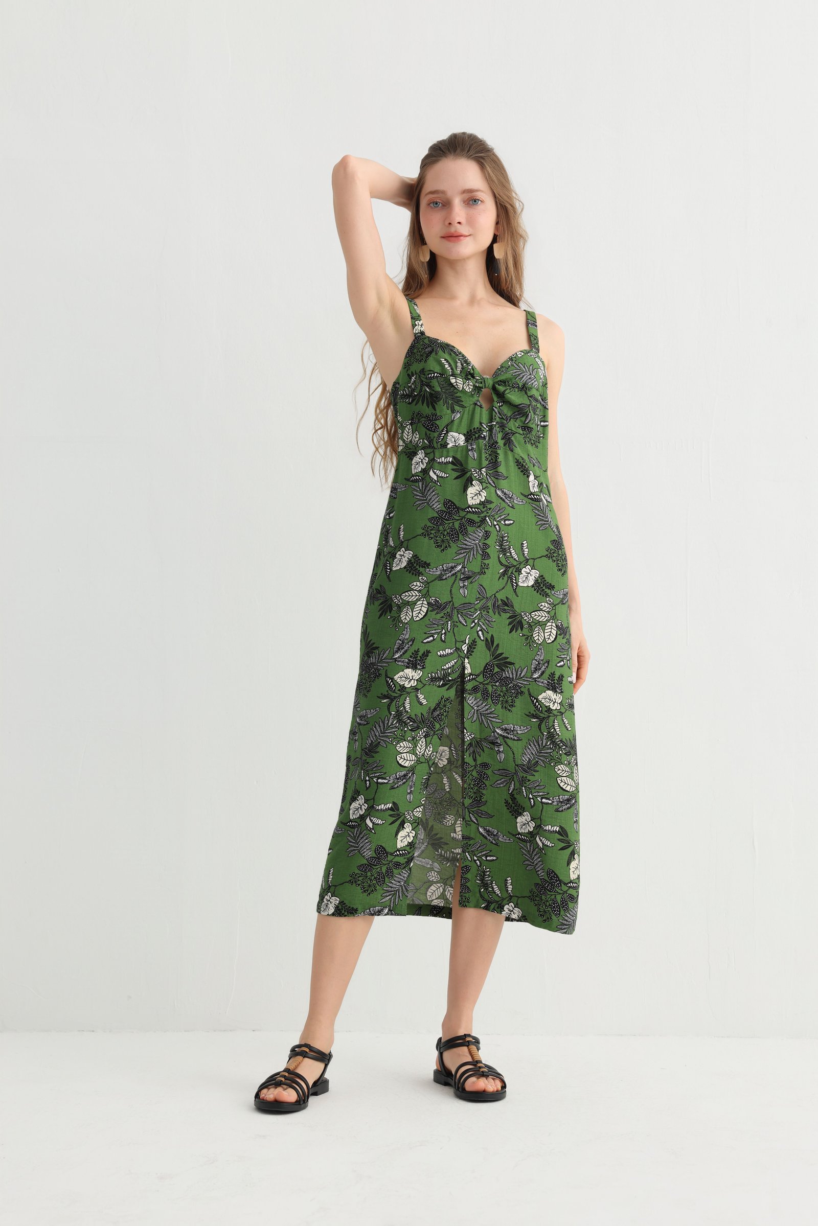 Green leaf print dress vacation outfit