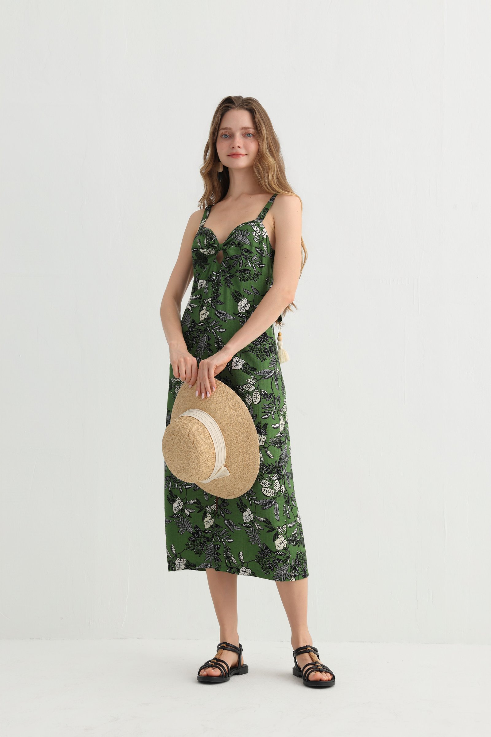 Green Leaf Print Spaghetti Strap Dress, alternate view