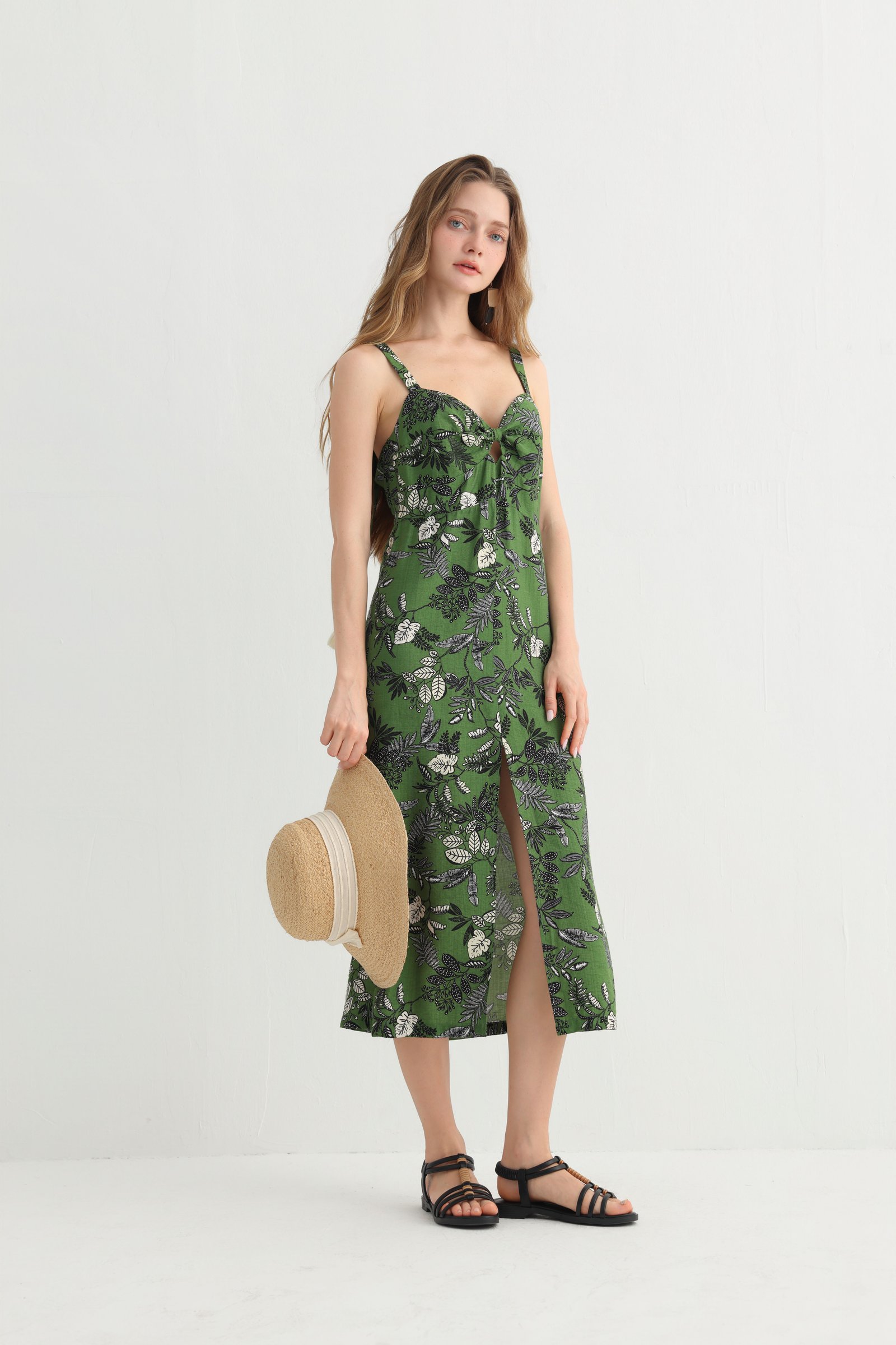 Green Leaf Print Spaghetti Strap Dress, alternate view