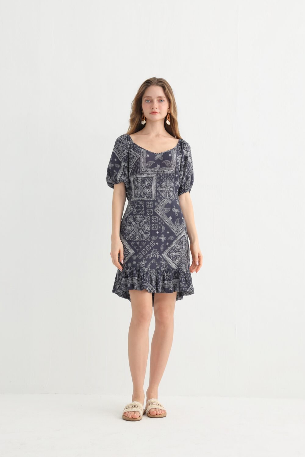 Navy Bandana Print Ruffle Mini Dress, alternate view