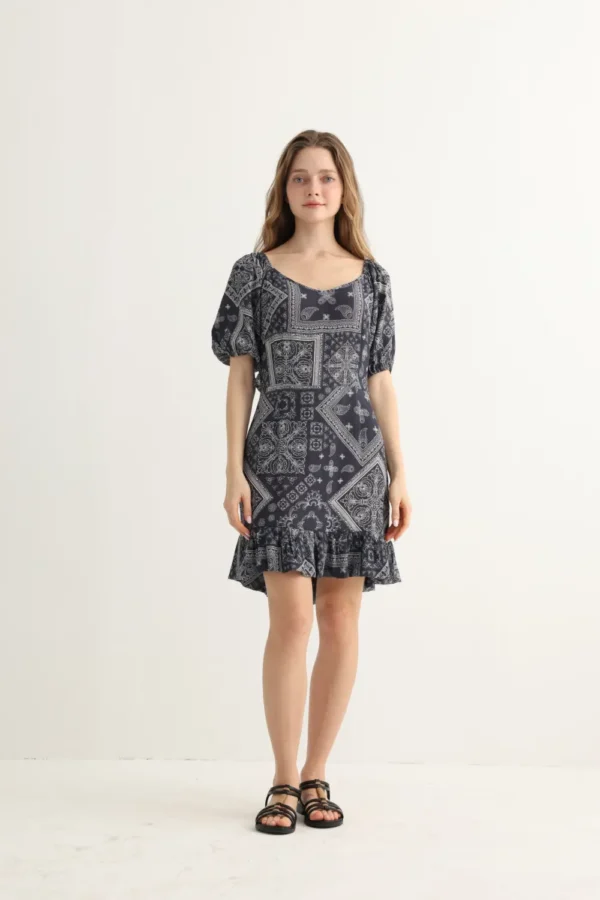 Navy Bandana Print Ruffle Mini Dress