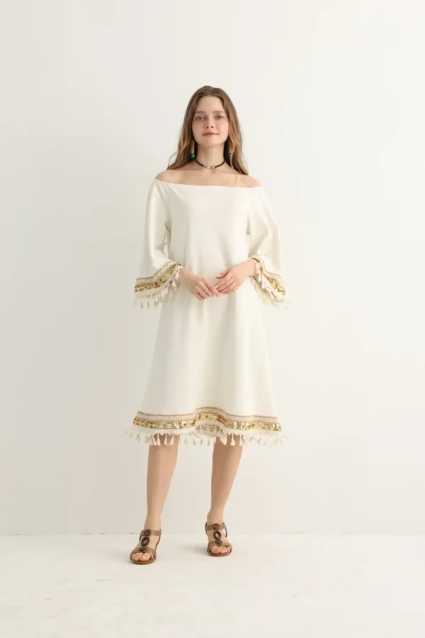 White Boho Midi Dress with Gold Embroidery, alternate view