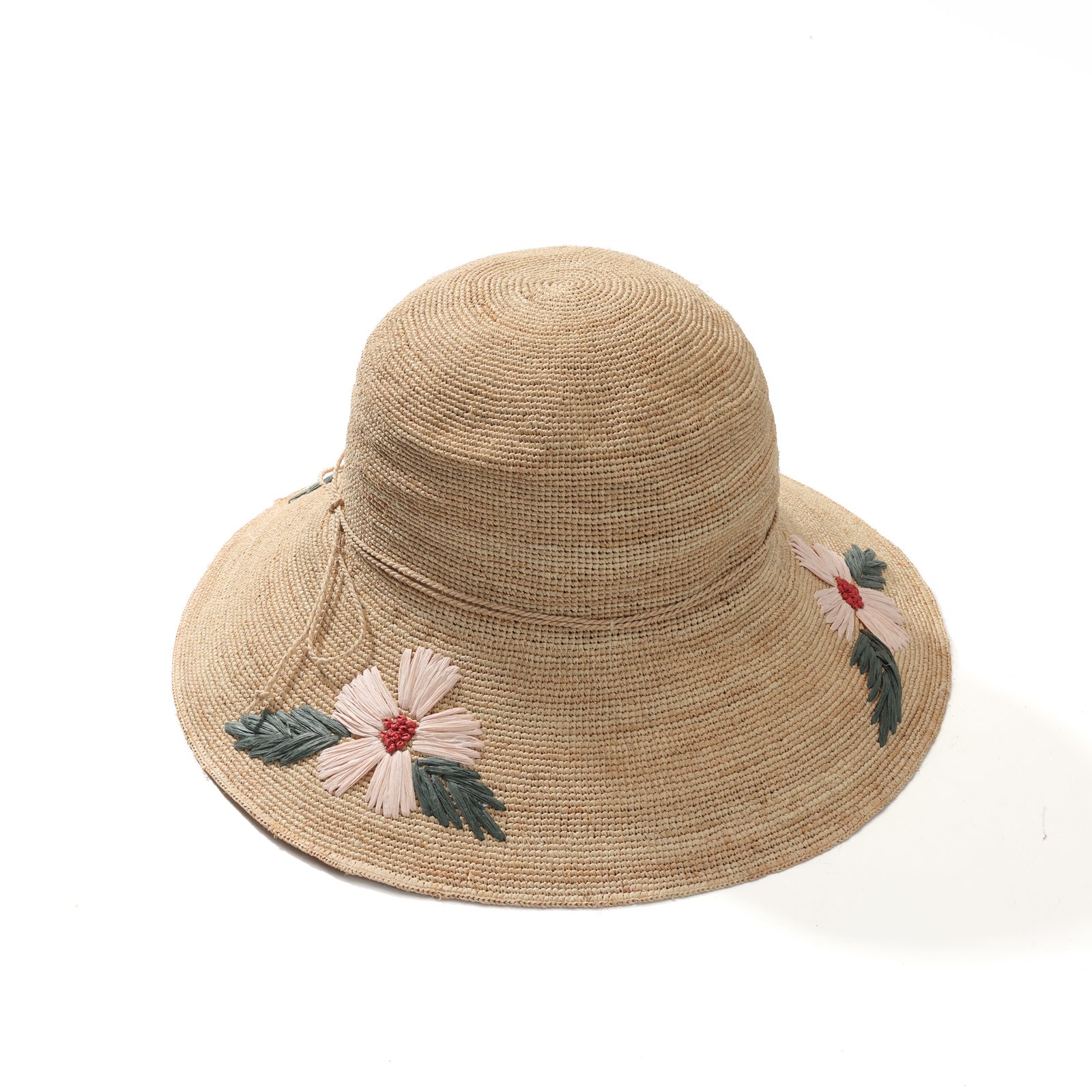 Floral embroidered raffia sun hat with pink flowers and green leaves