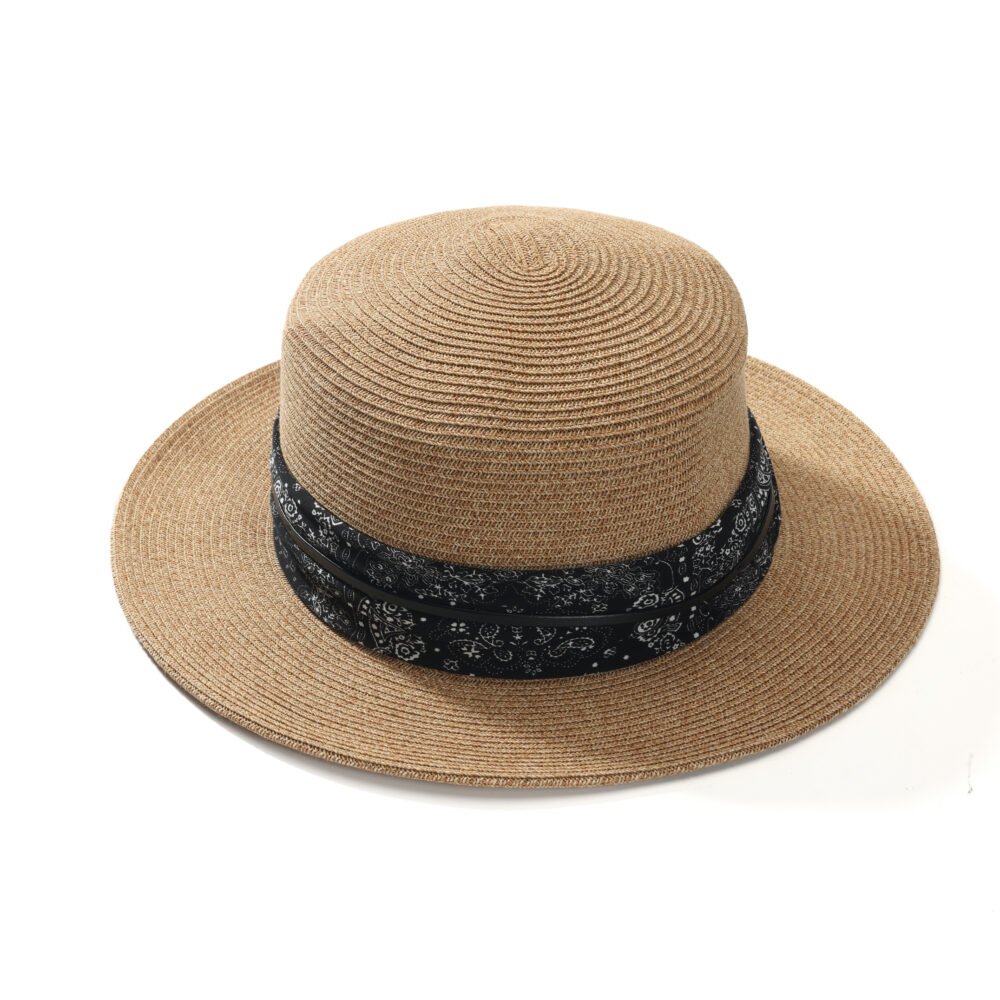 Black paisley band wide brim sun hat with natural woven texture