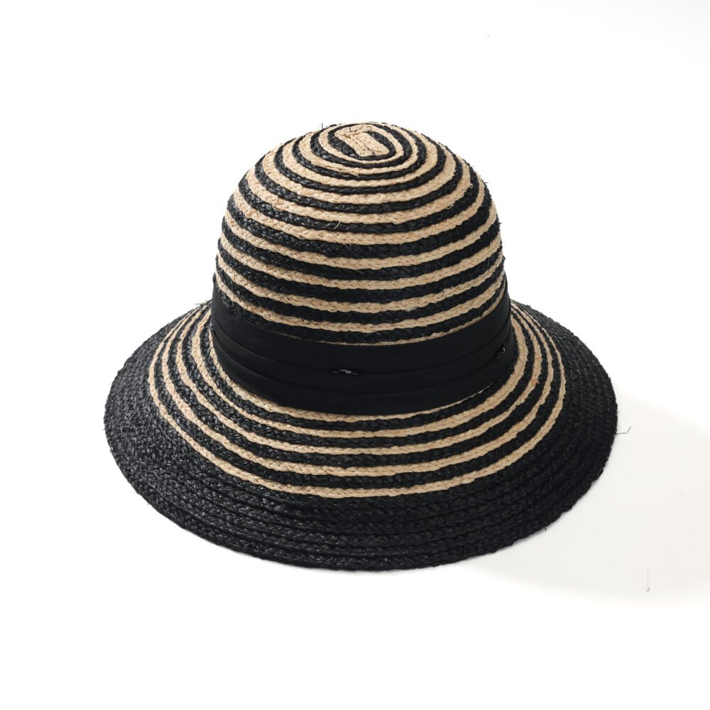 Black striped straw sun hat with natural contrast weave and black ribbon band