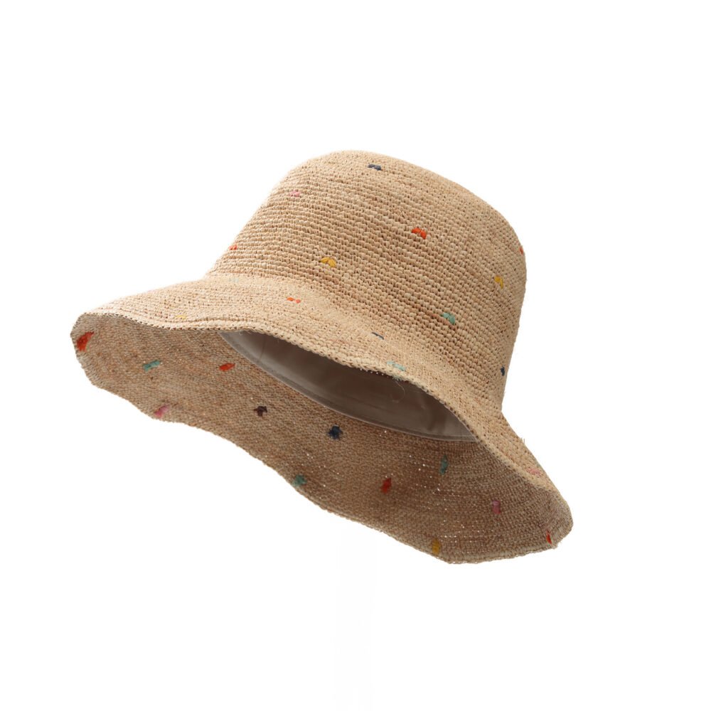 Confetti wide brim straw hat with natural woven texture and multicolor flecks
