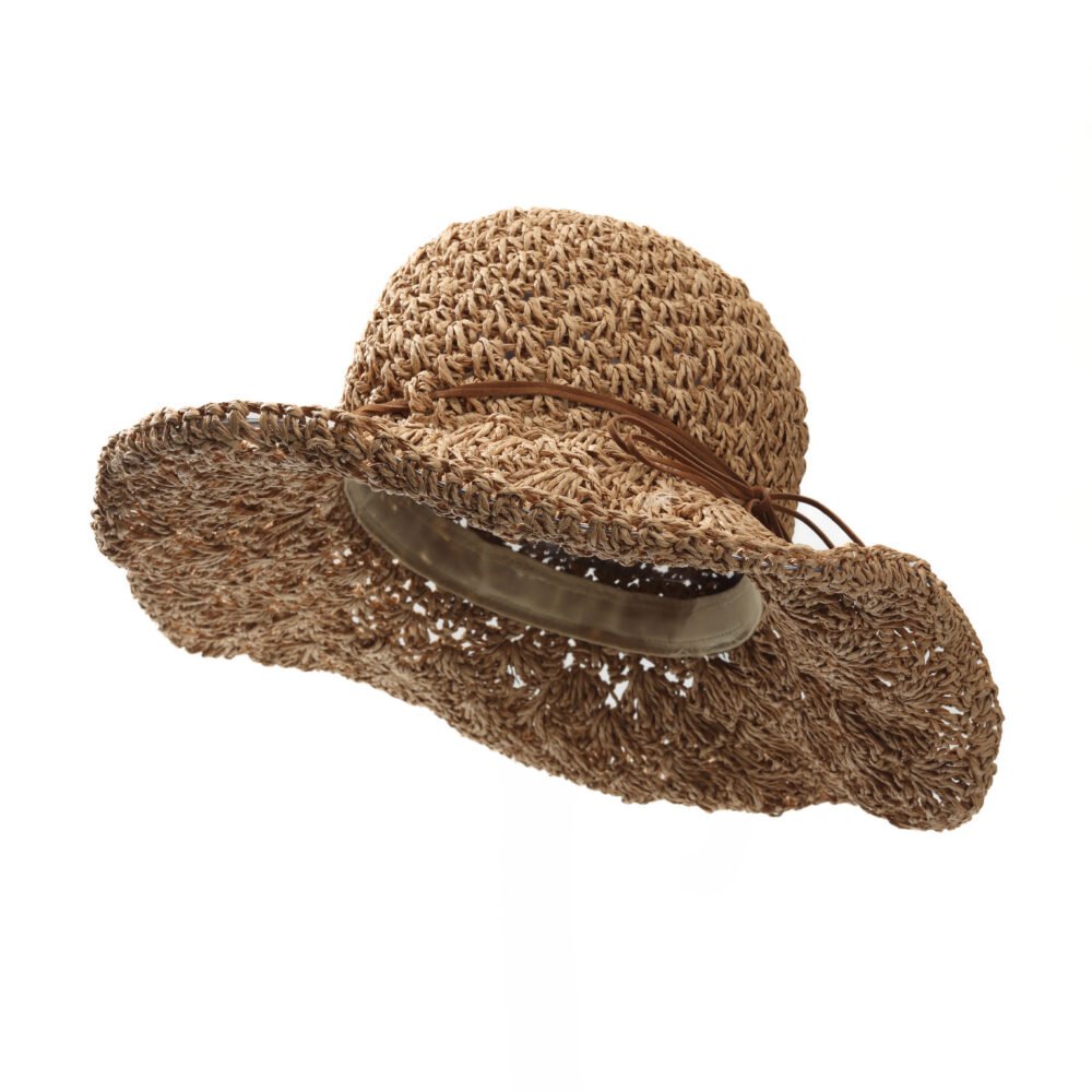 Leather tie wide brim straw hat with natural open-weave texture