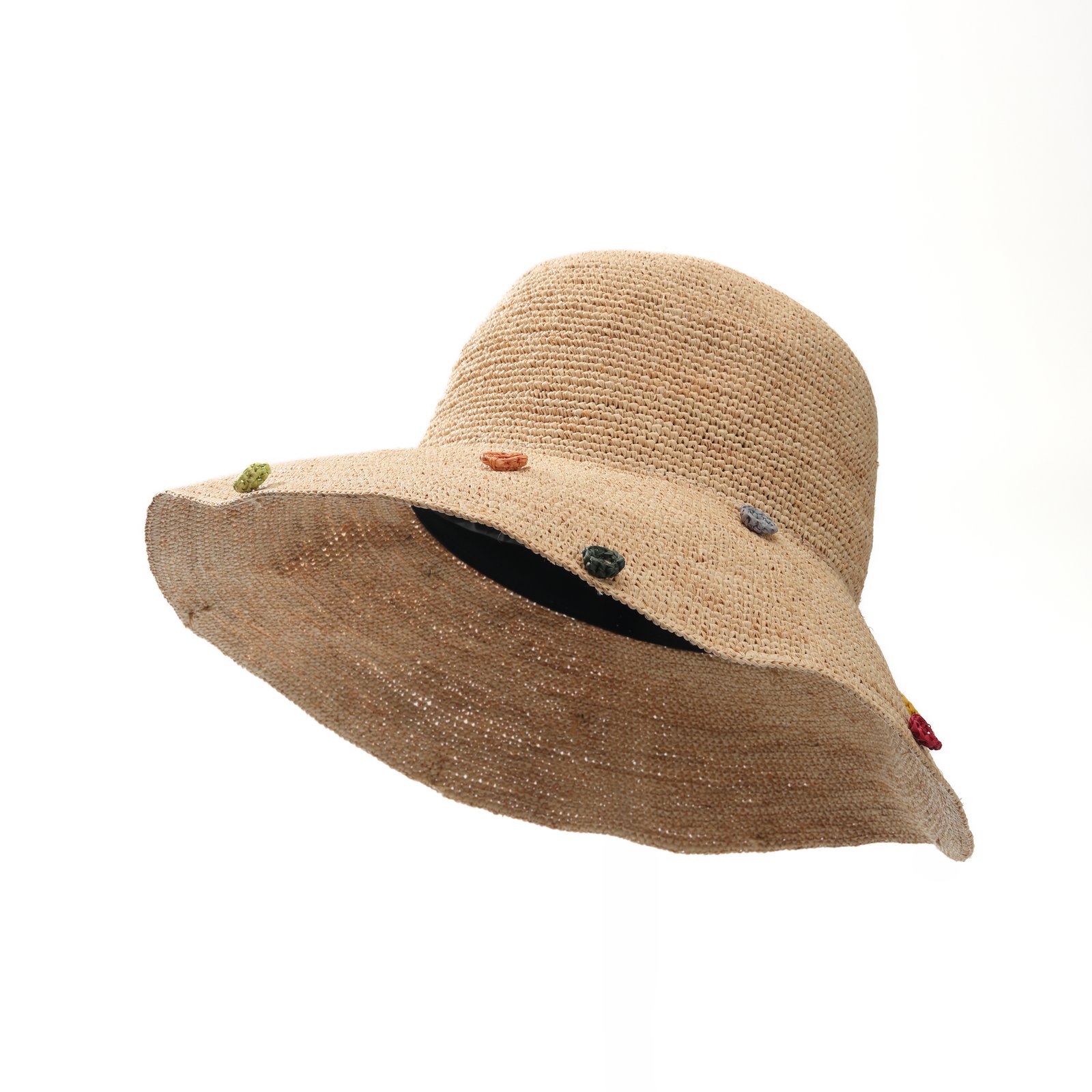 Wide brim straw sun hat with natural woven texture and colorful bead accents