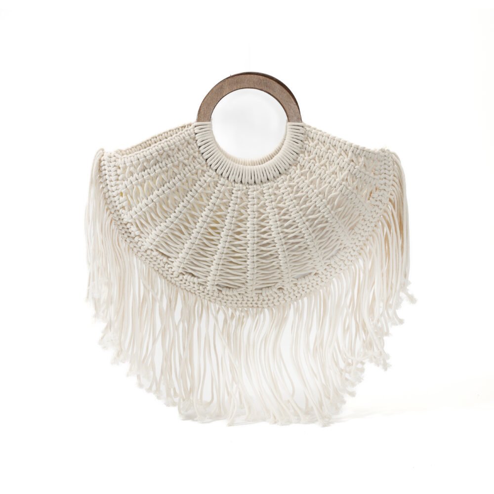 Ivory macrame fringe tote bag with wooden ring handles and radial openwork