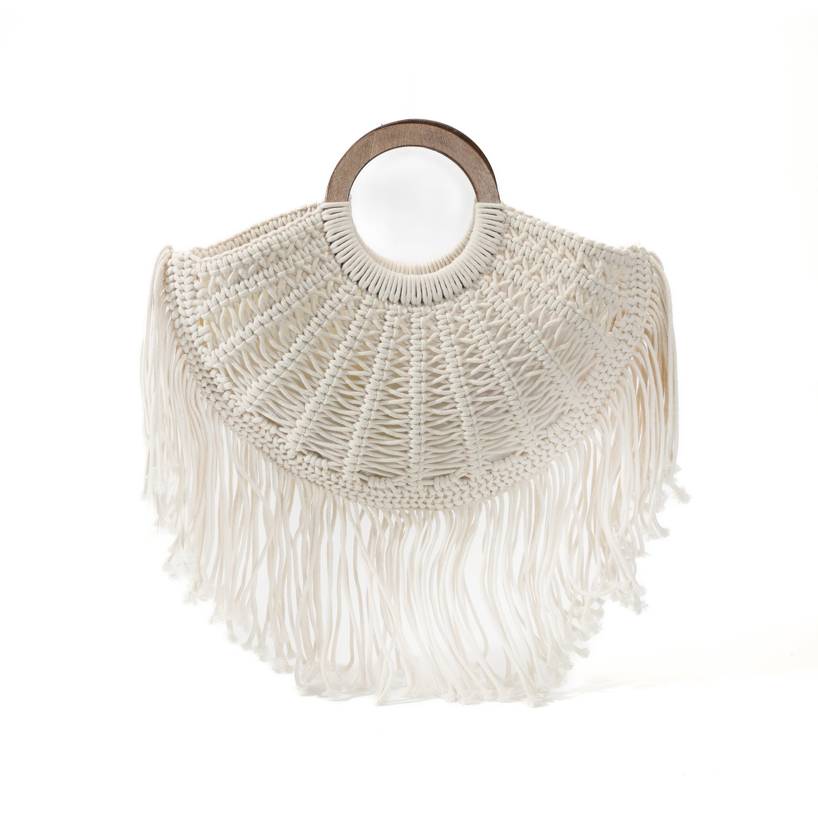 Ivory macrame fringe tote bag with wooden ring handles and radial openwork