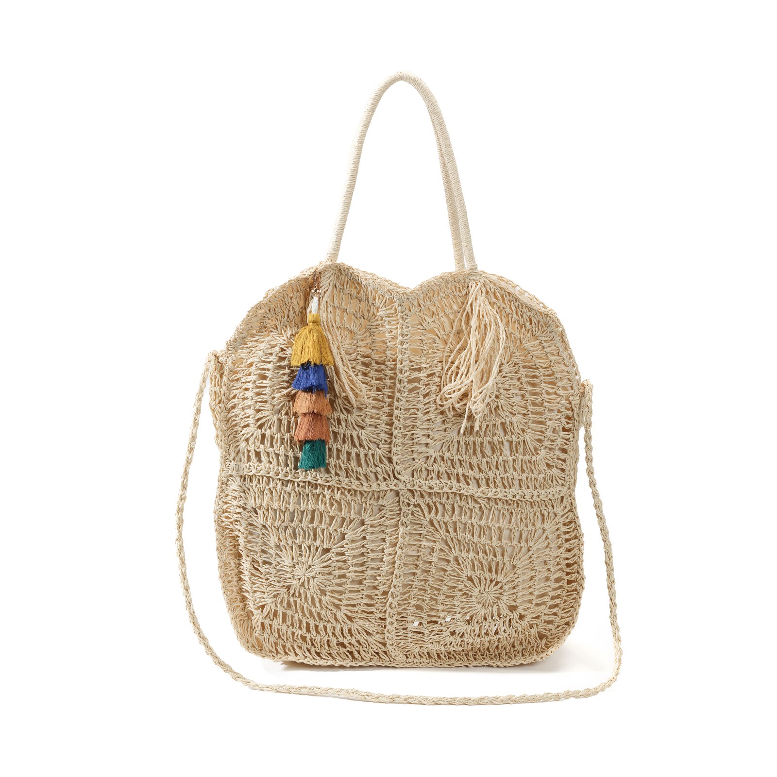 Tassel woven straw shoulder bag with long strap and colorful layered tassels