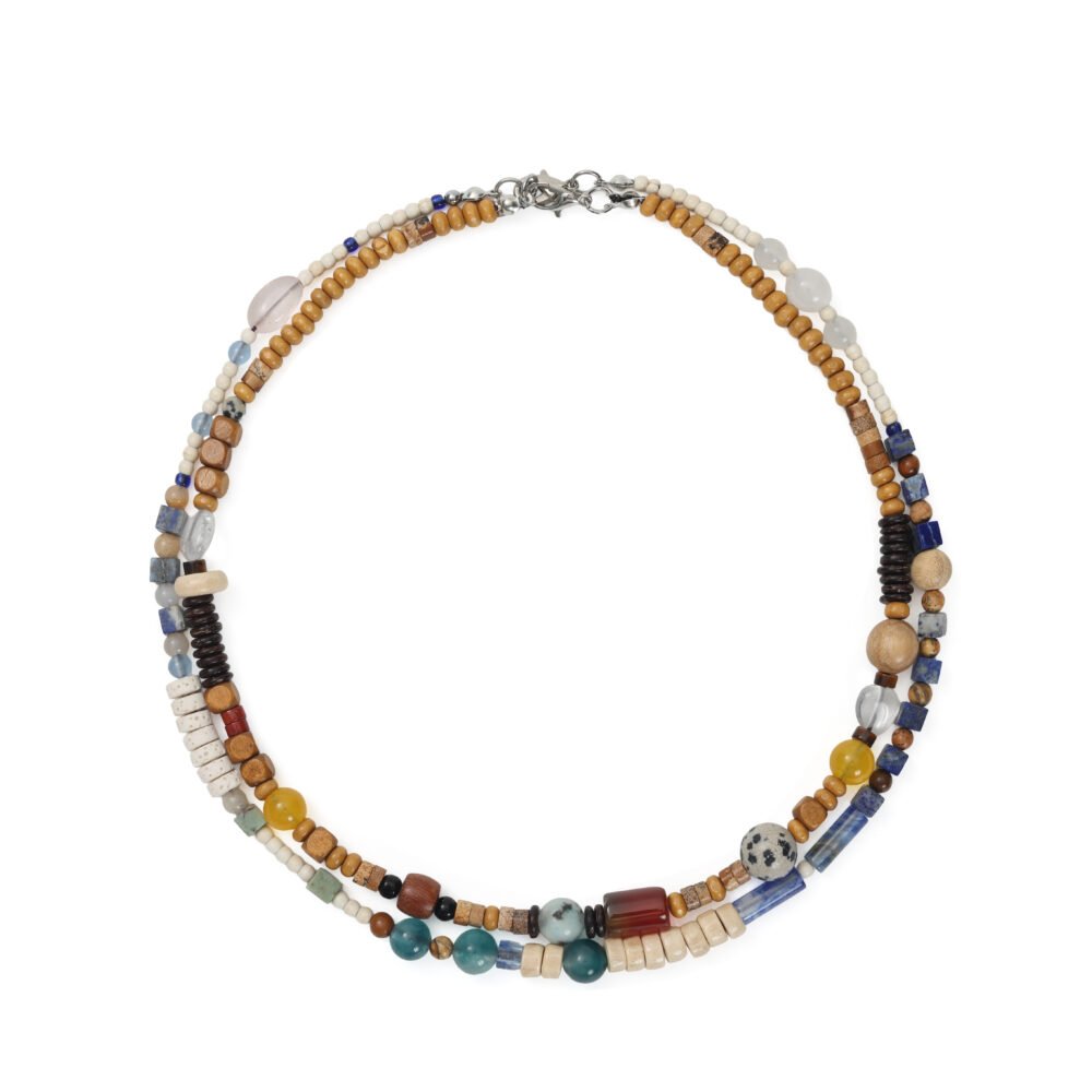 Close view of layered boho beaded necklace with multicolor stone and wood beads