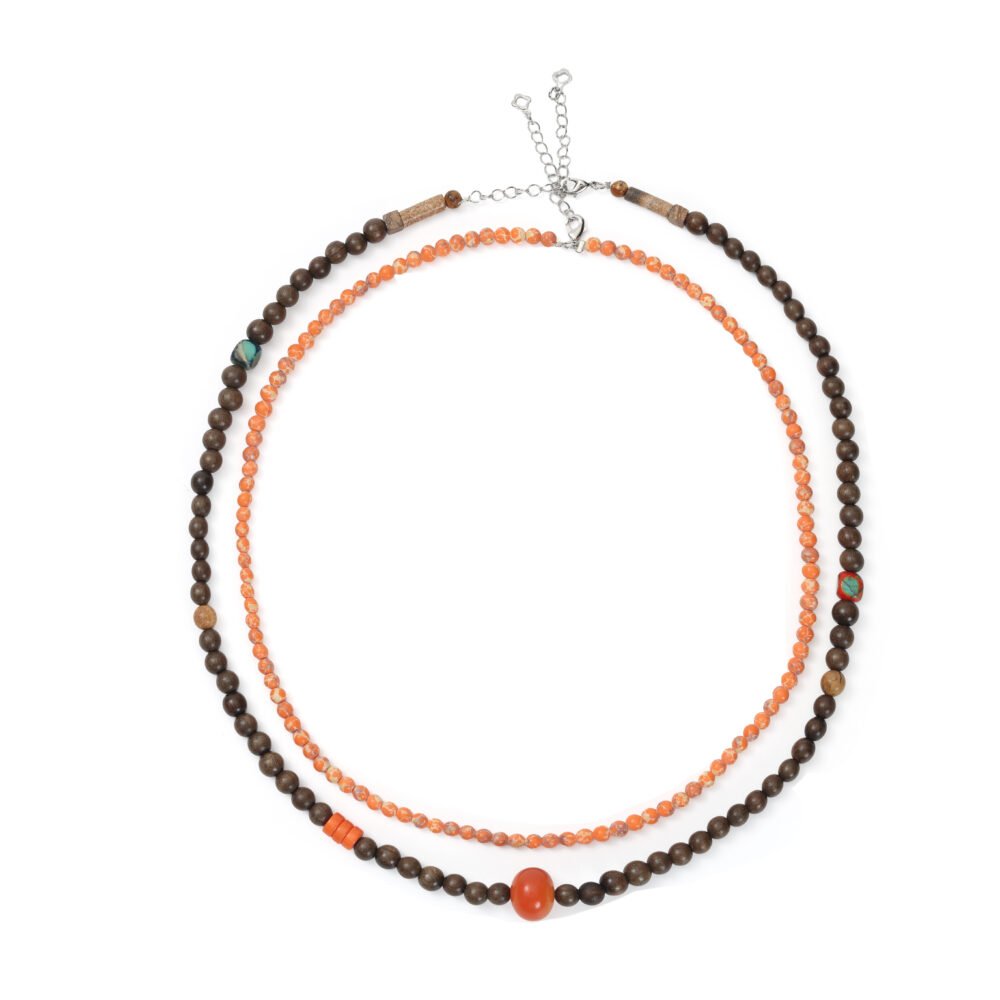 Orange brown beaded necklace with layered wooden beads and orange stone accents