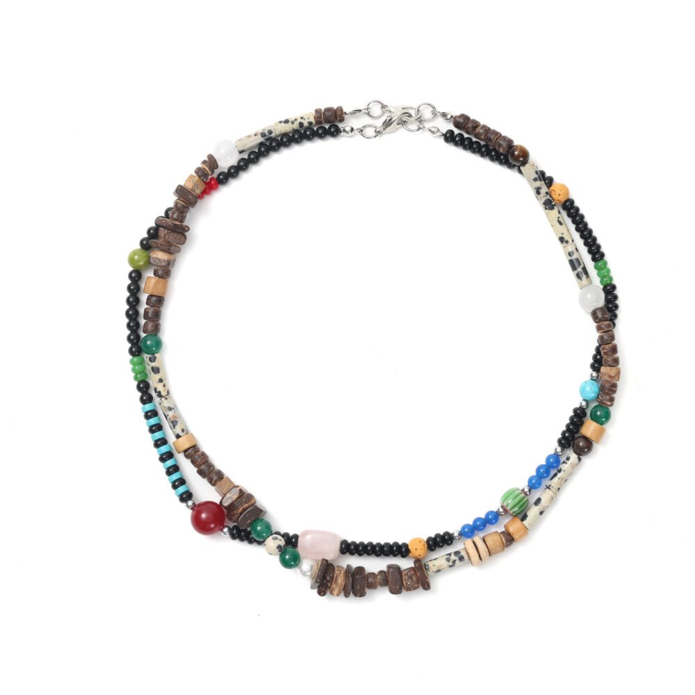 Black multicolor beaded necklace with layered wooden beads and spotted stone accents