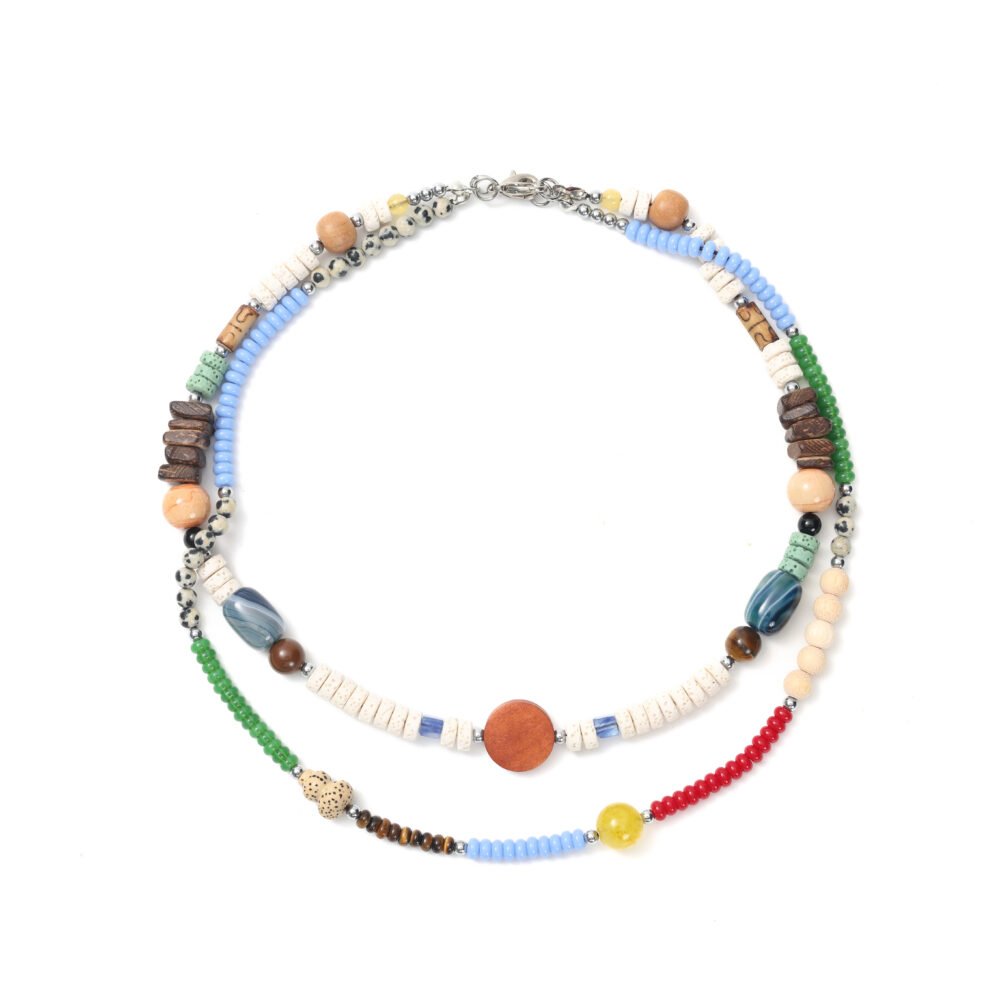 Multicolor wood and stone beaded necklace with layered strands and round wooden centerpiece