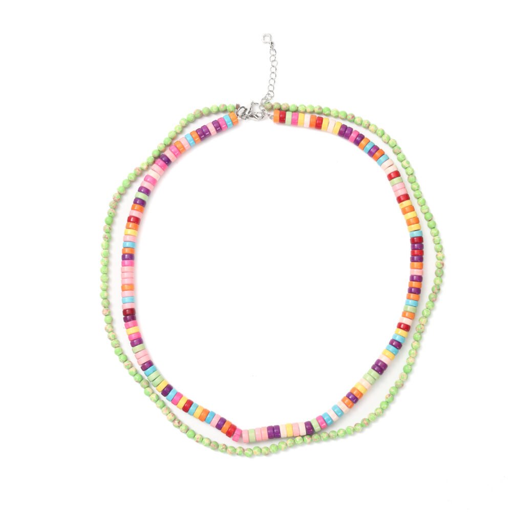 Multicolor heishi beaded necklace with layered green mottled beads