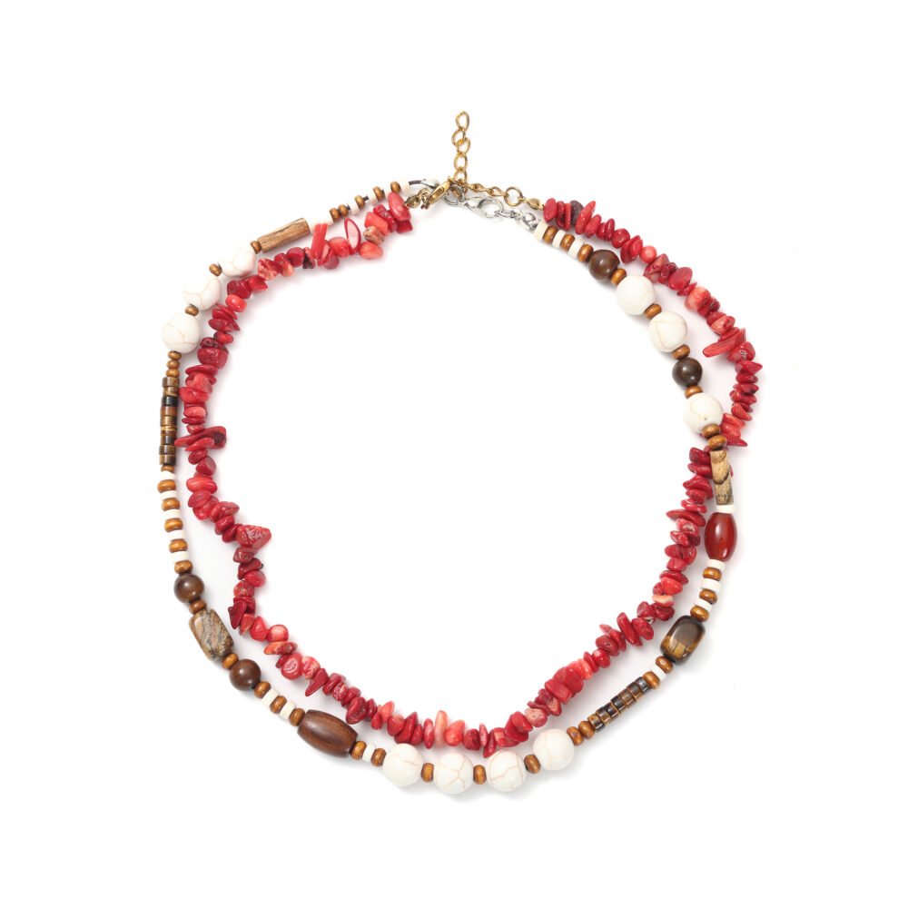 Red stone chip beaded necklace with layered wooden and ivory accent beads