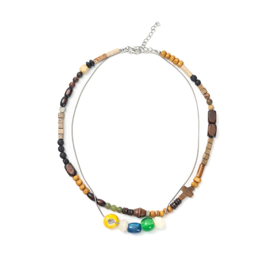 Multicolor layered wooden beaded necklace with bright accent beads and silver-tone chain