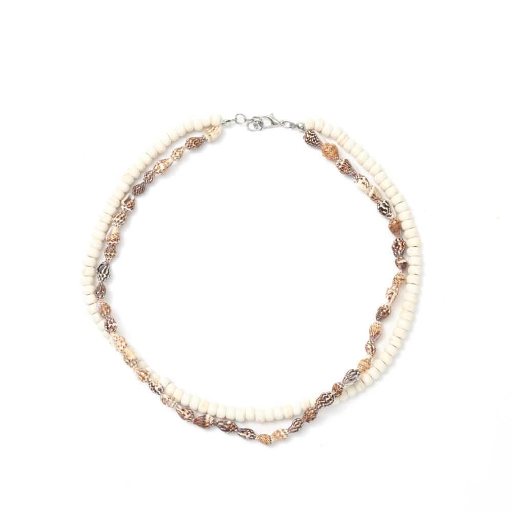Ivory seashell beaded necklace with two layered strands and patterned shells
