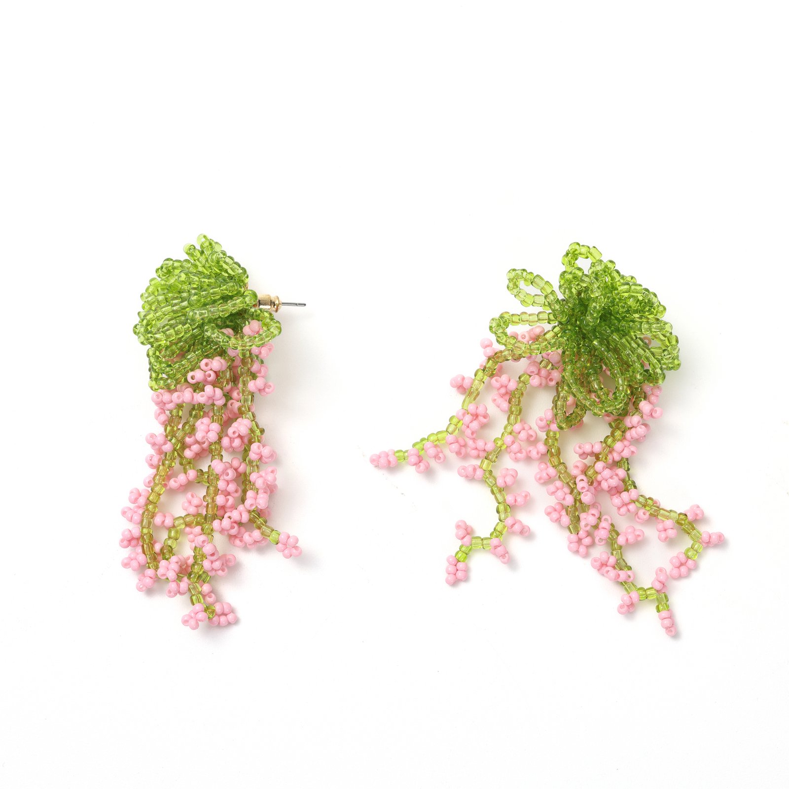 Pink and green beaded vine tassel earrings with small floral accents