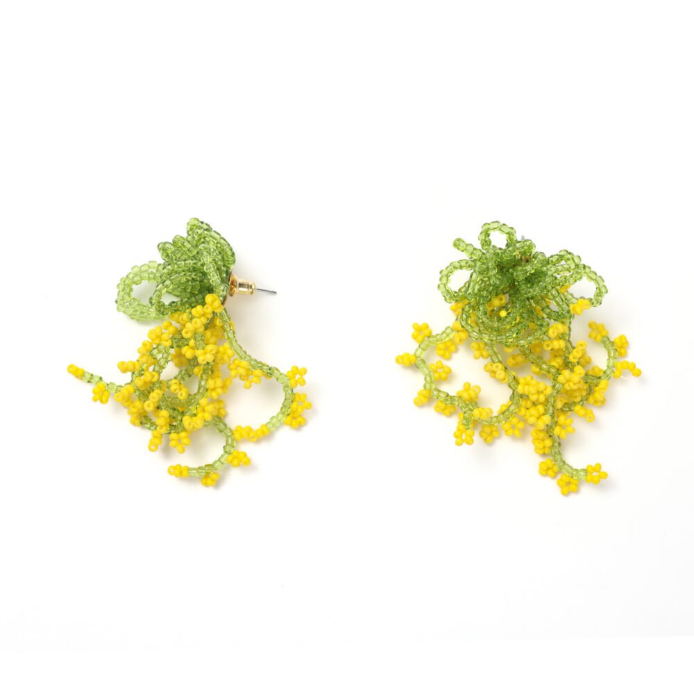 Yellow and green beaded vine tassel earrings with small floral accents