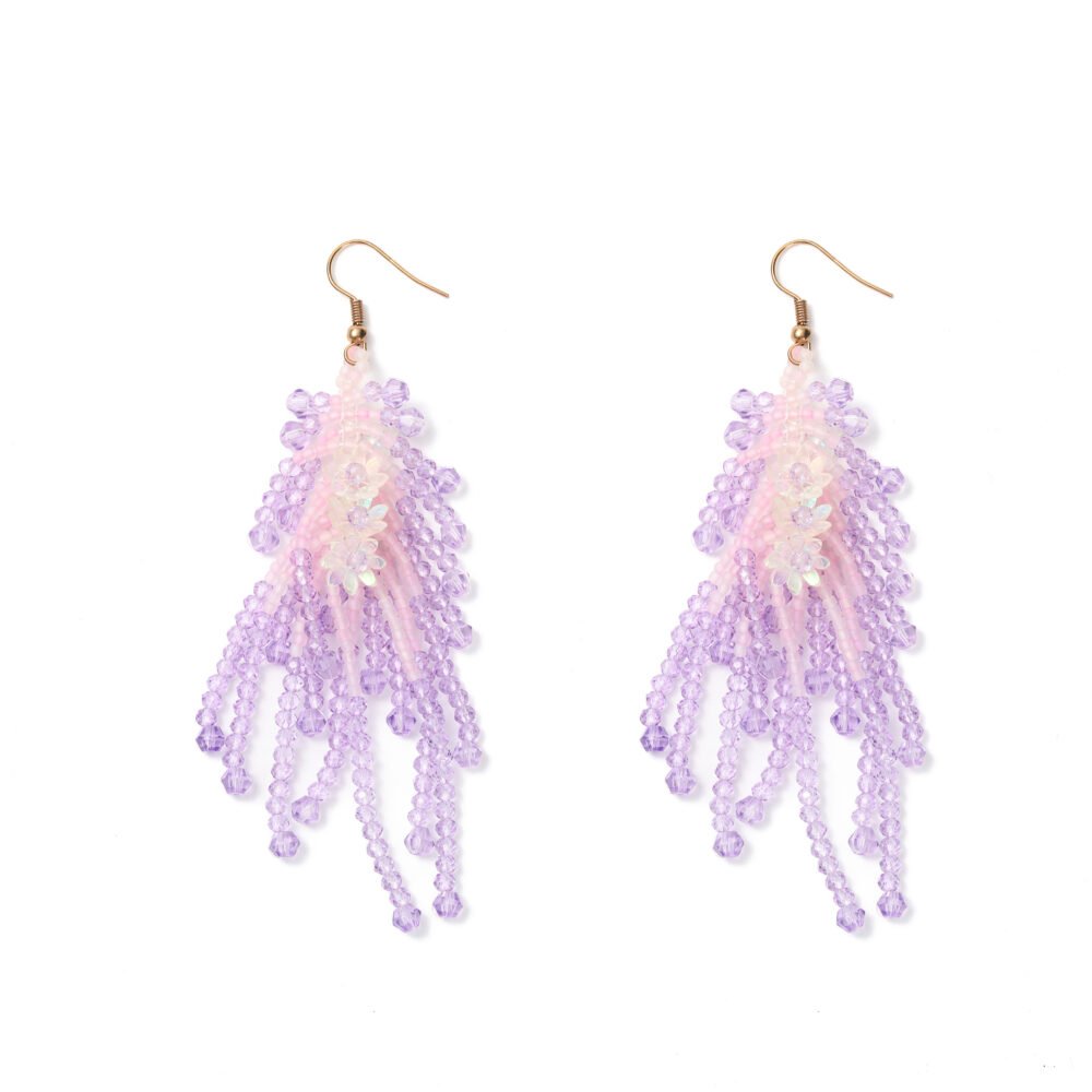 Lavender and pink beaded tassel earrings with cascading strands and floral accents