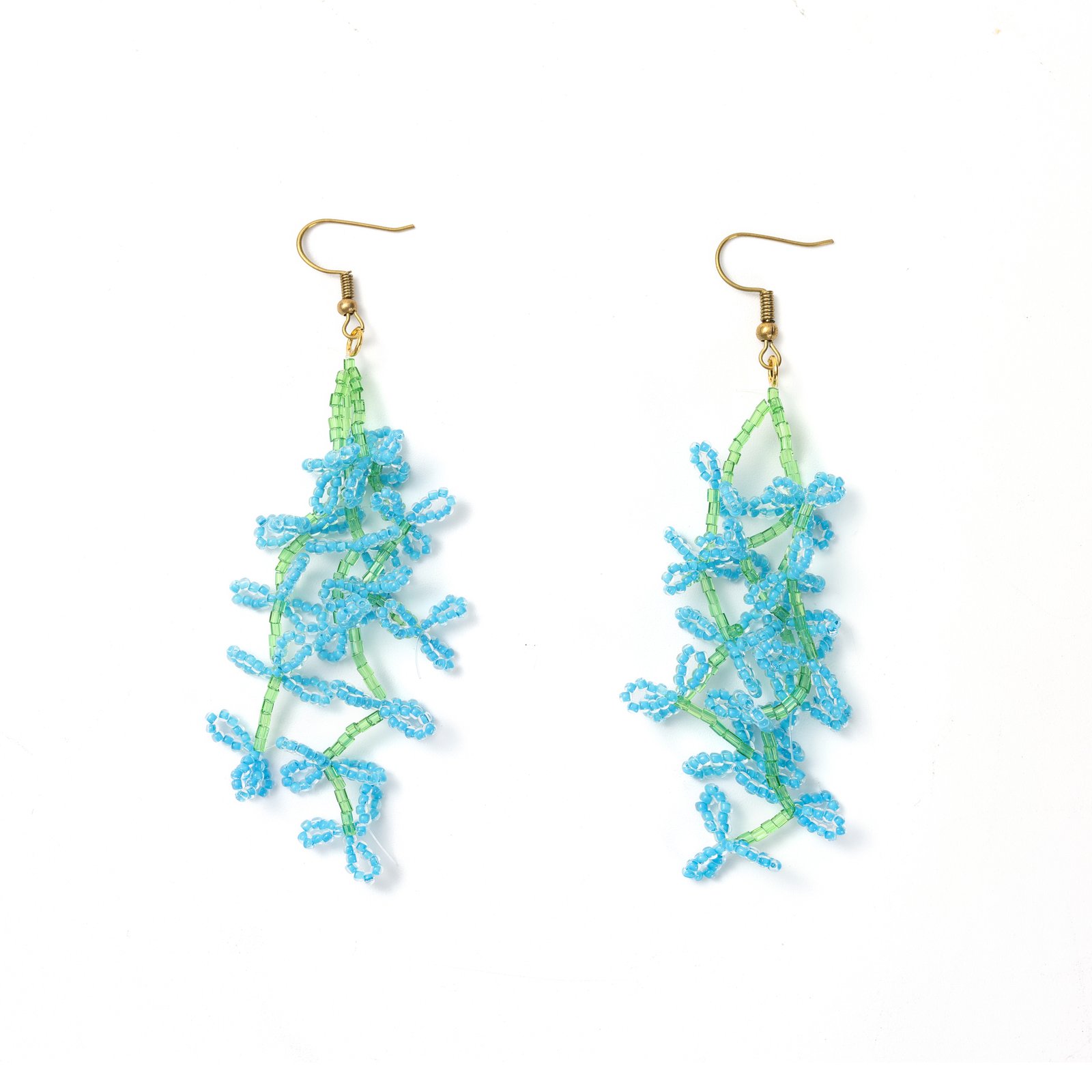 Blue wisteria beaded drop earrings with cascading green floral stems