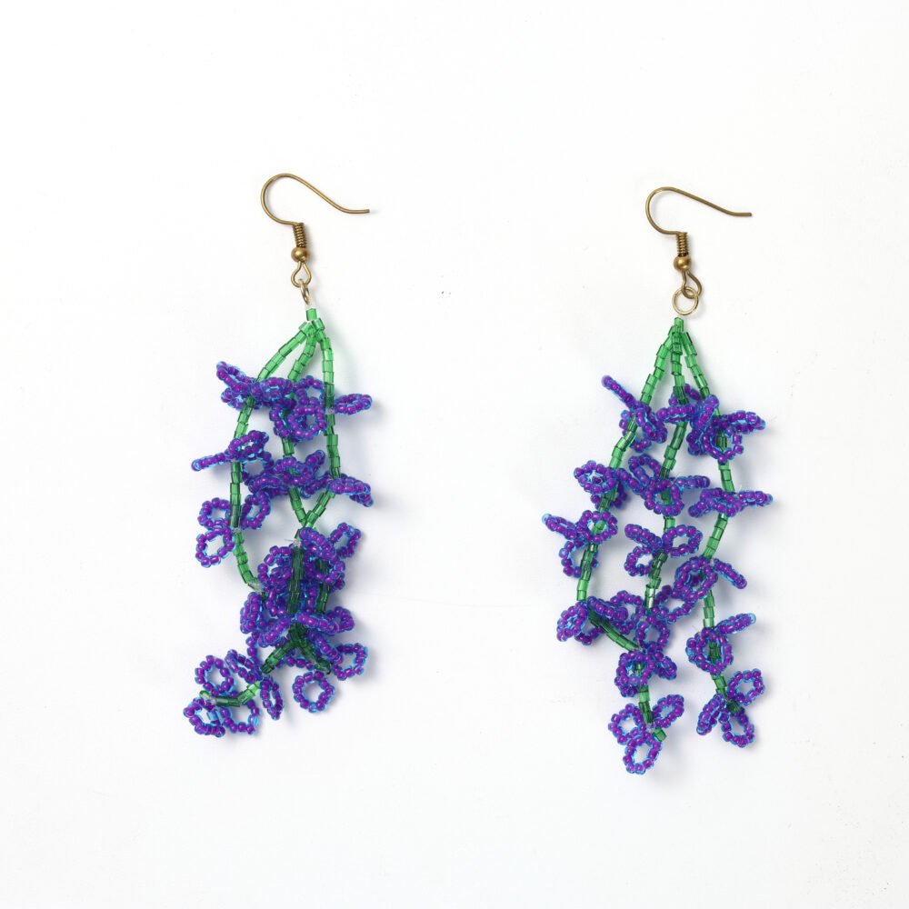 Purple wisteria beaded drop earrings with cascading green floral stems
