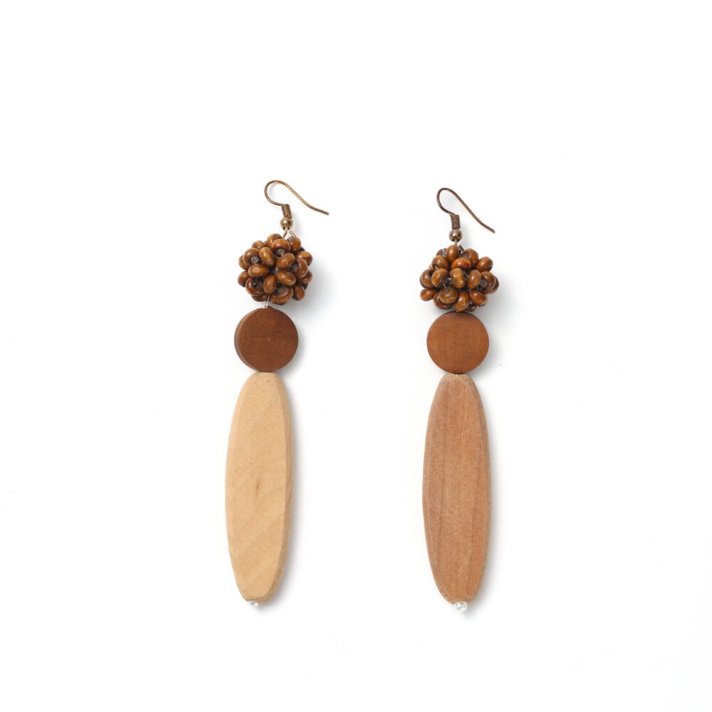 Brown beaded wooden drop earrings with round discs and long oval pendants