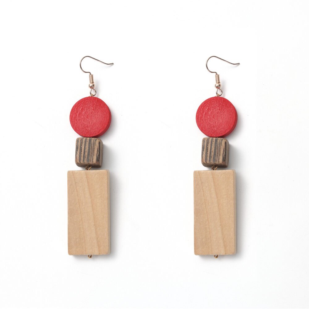 Red geometric wooden drop earrings with stacked round, square and rectangular blocks