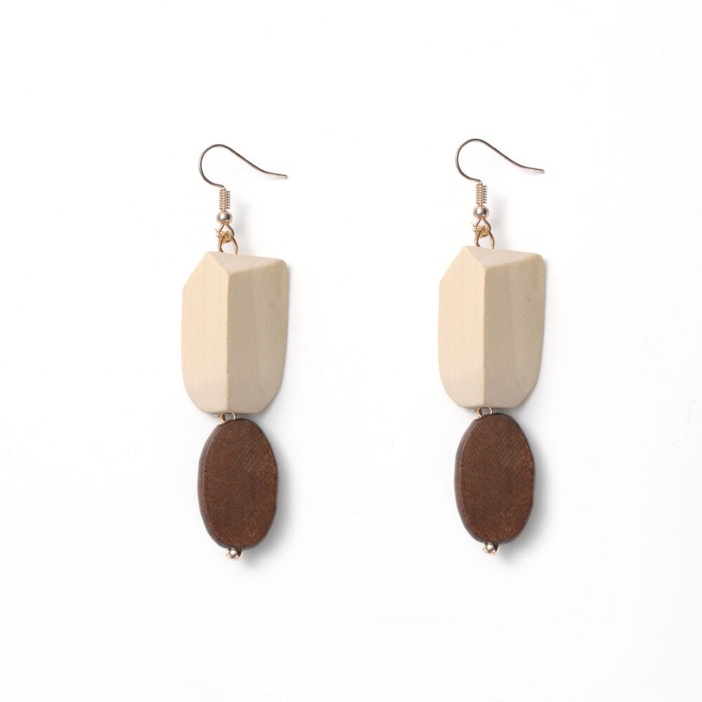 Two-tone wooden block drop earrings with ivory rectangles and dark brown oval pendants