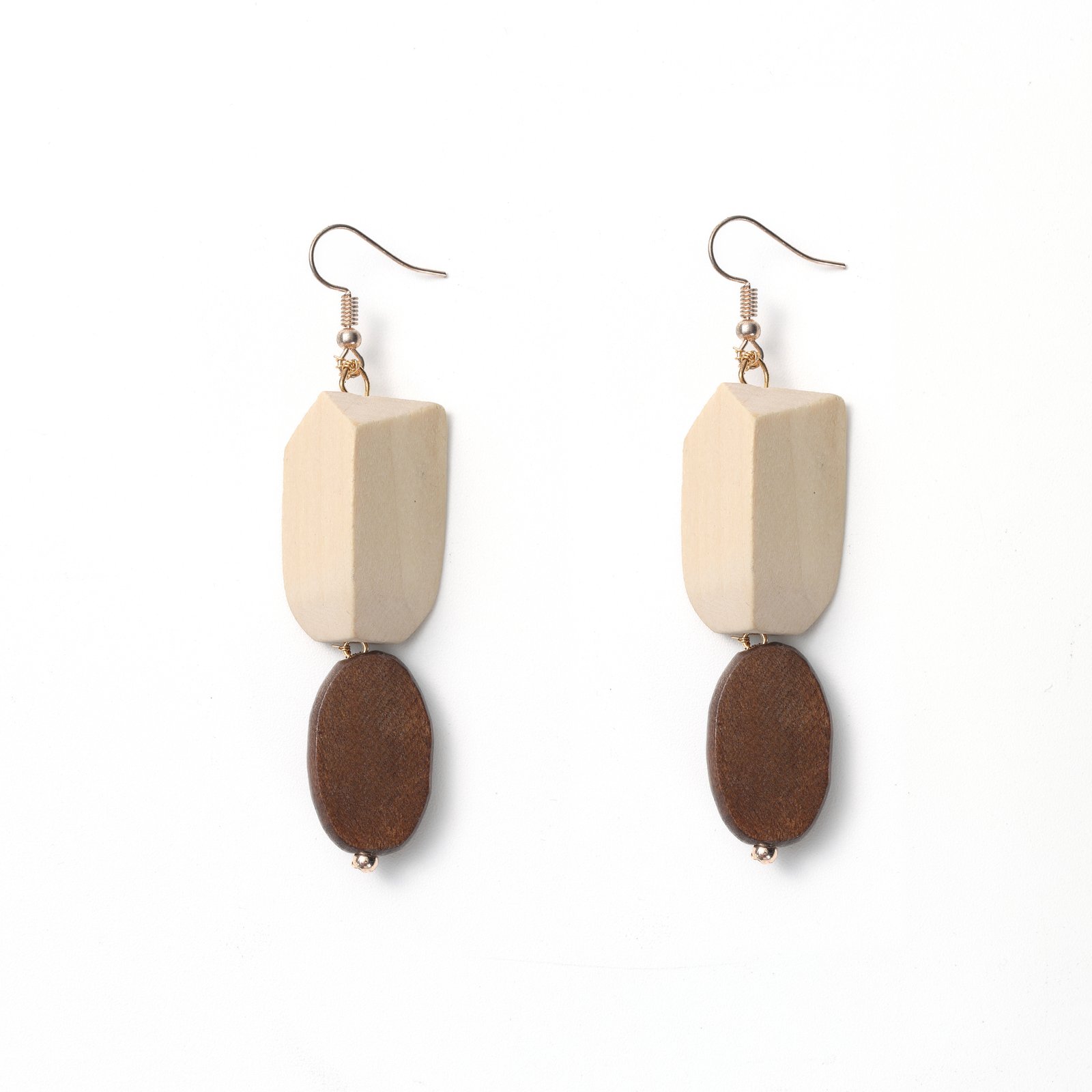Two-tone wooden block drop earrings with ivory rectangles and dark brown oval pendants