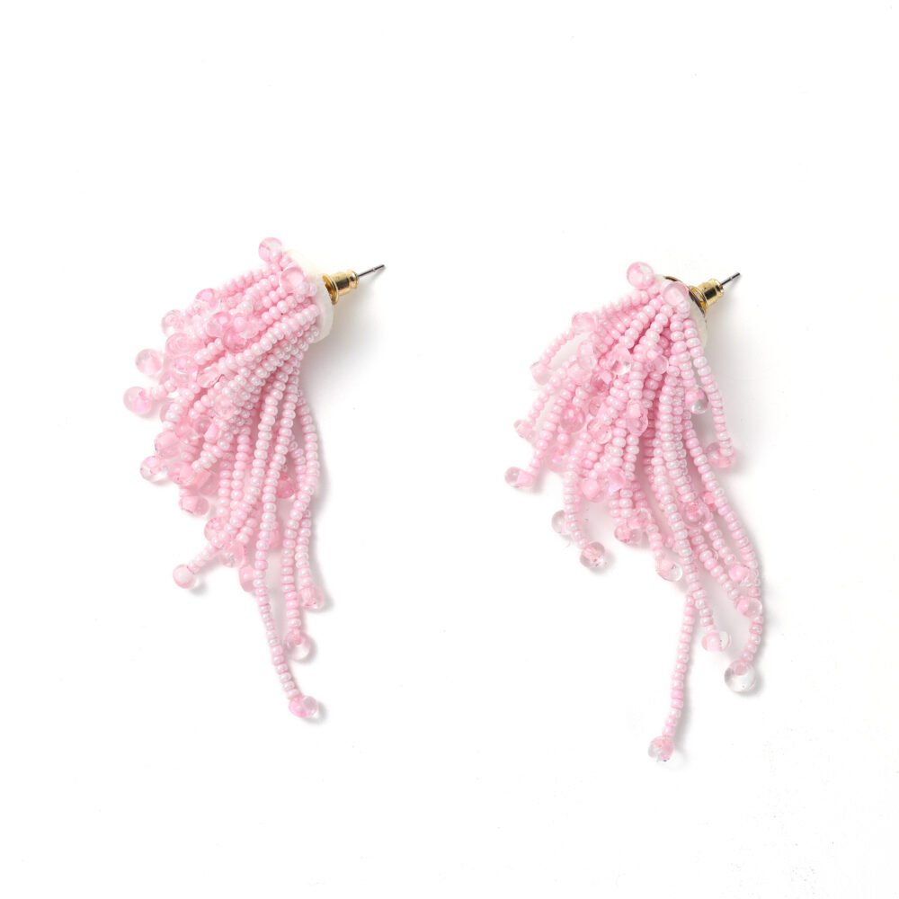 Pink beaded tassel earrings with multiple strands and translucent rounded drops