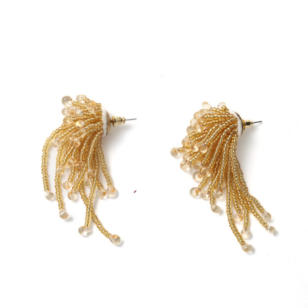 Champagne gold beaded tassel earrings with multiple strands and translucent drops