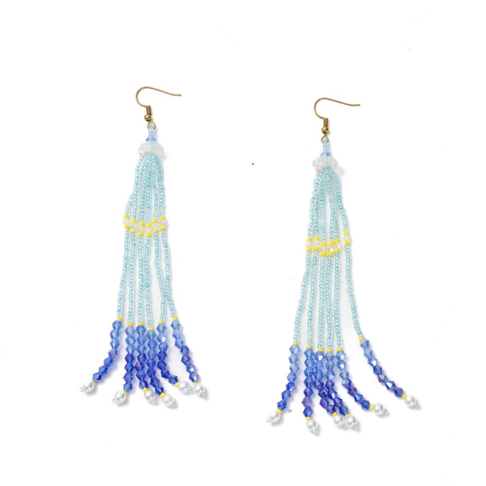 Blue gradient beaded tassel drop earrings with long strands and pearl-like ends