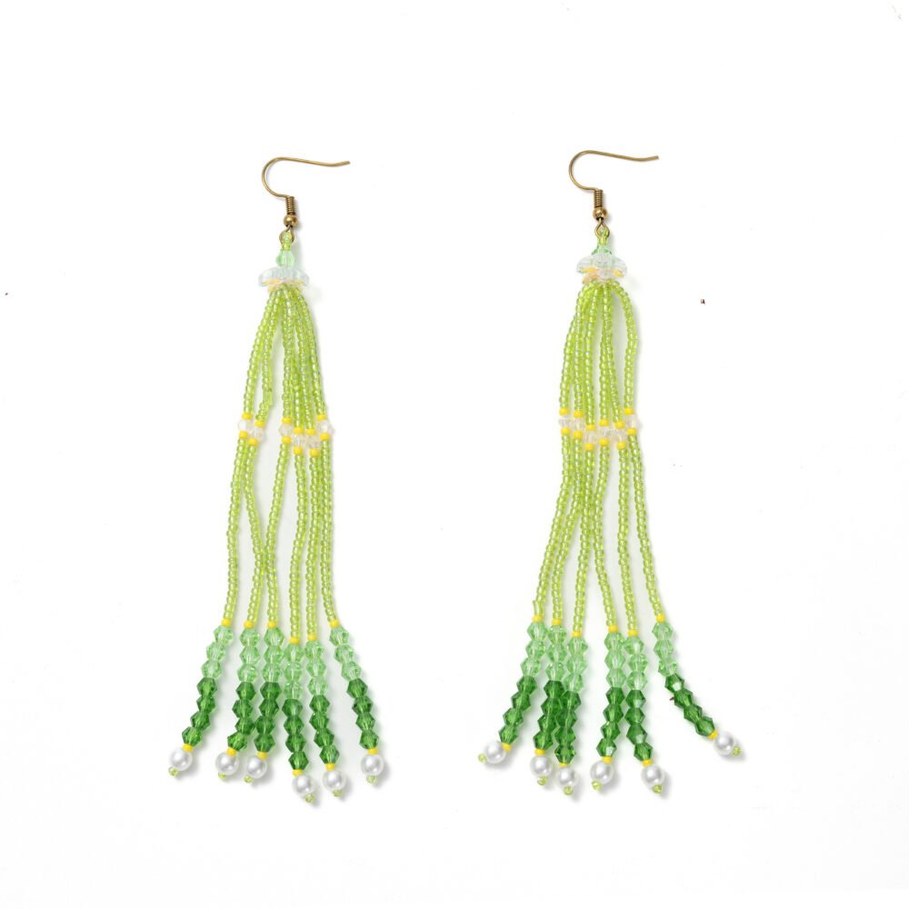 Green gradient beaded tassel drop earrings with long strands and pearl-like ends