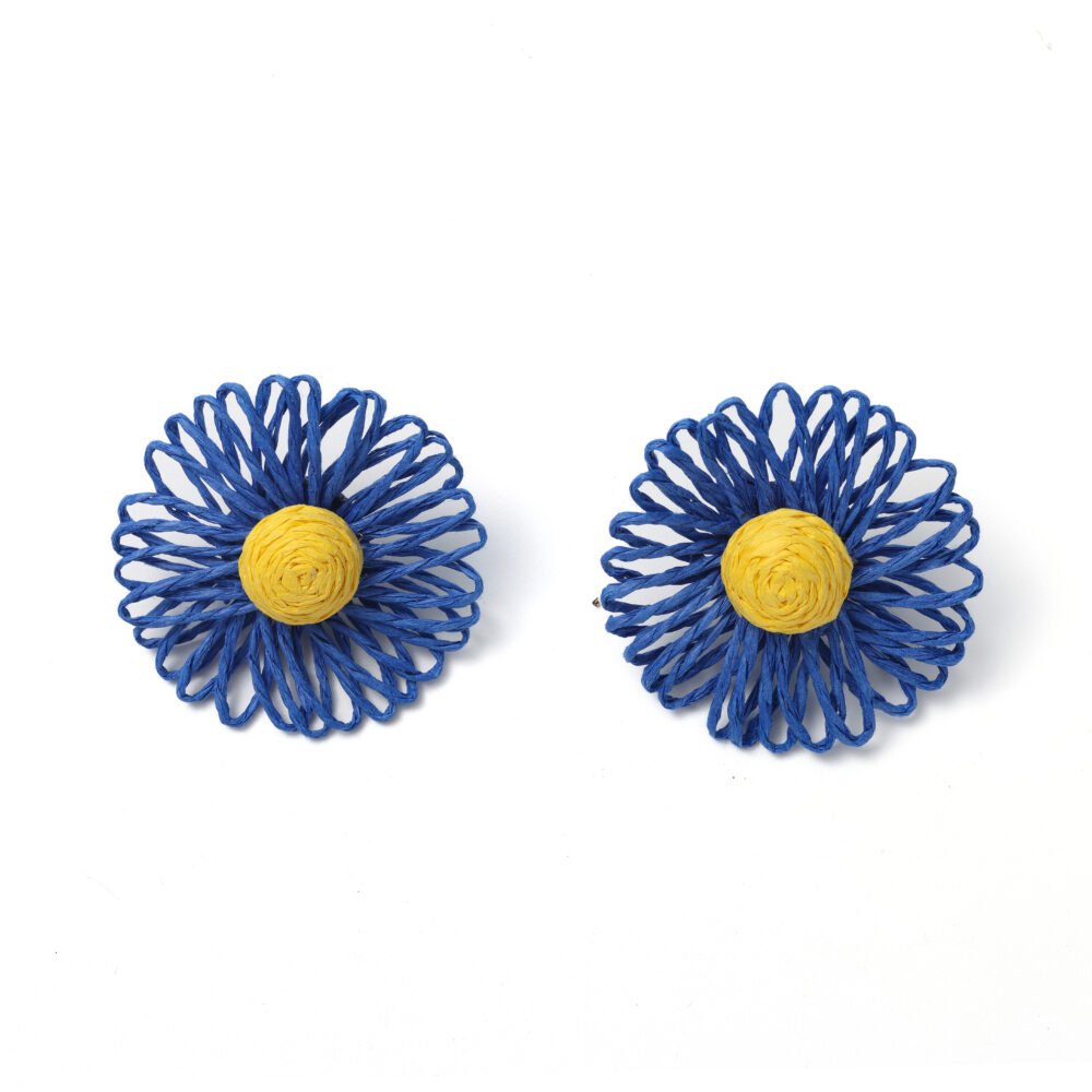 Blue and yellow woven flower earrings with layered looped petals