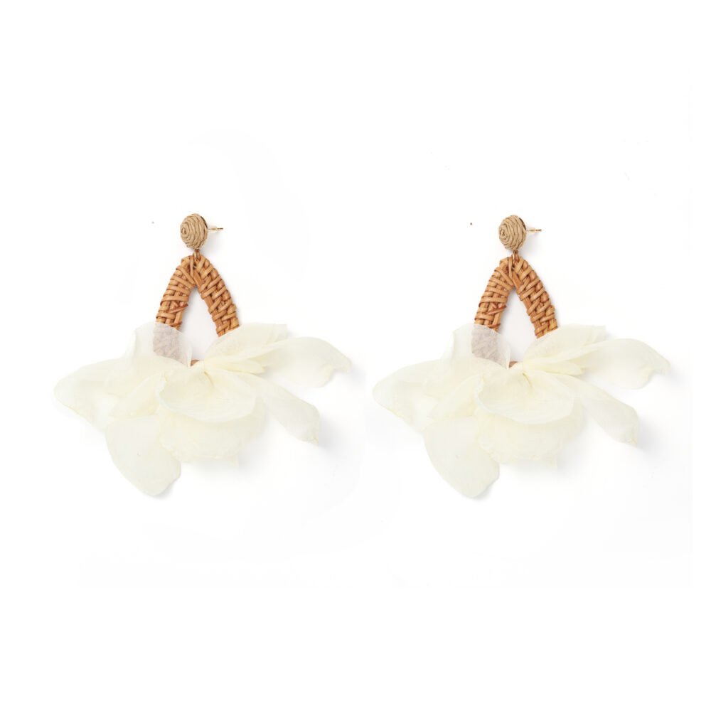 Ivory floral rattan drop earrings with woven V-shaped frames and layered fabric flowers