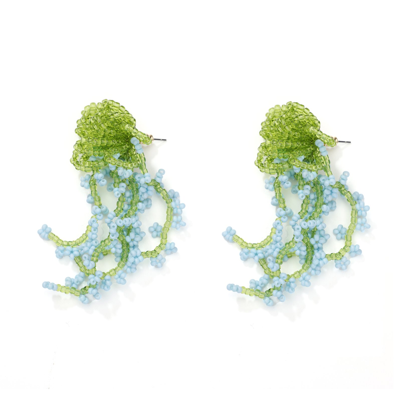 Light blue and green beaded vine tassel earrings with floral accents