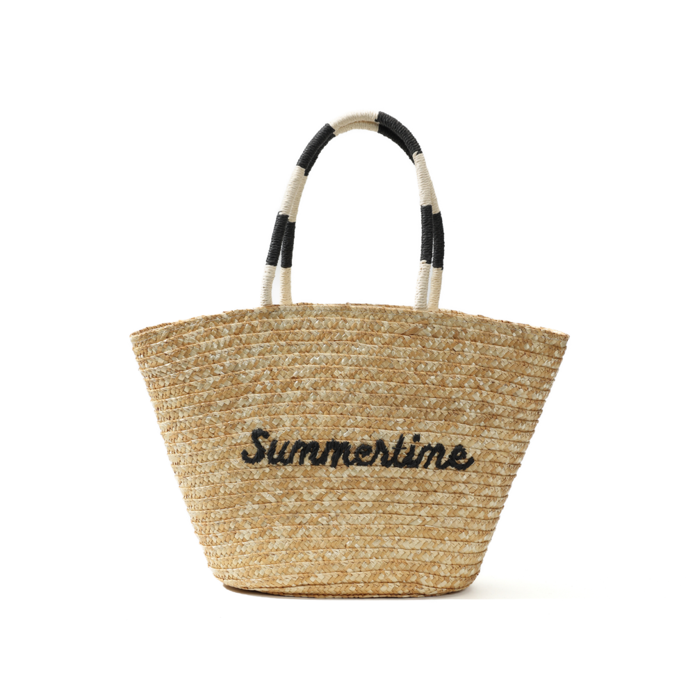 Summertime embroidered straw beach tote with black and ivory wrapped handles