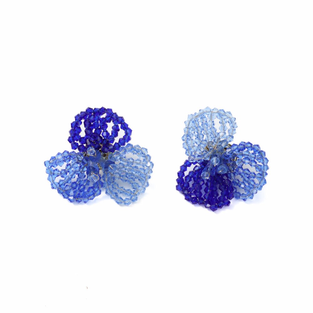 Blue crystal beaded flower stud earrings with dimensional rounded petals