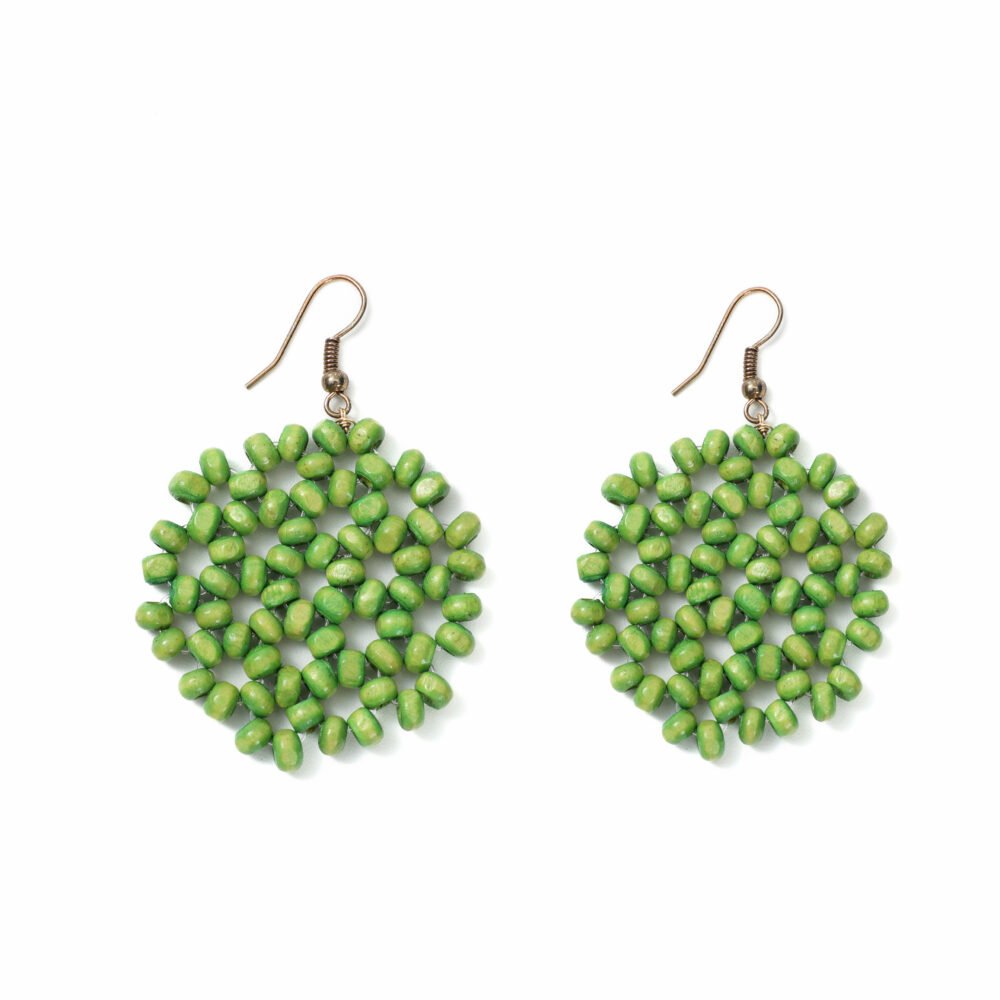 Green beaded circle drop earrings with an open round silhouette