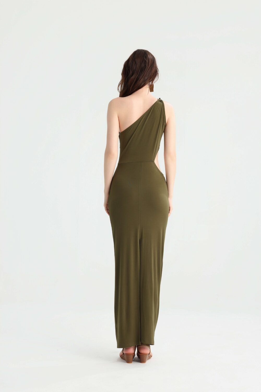 Back view of the fitted olive green one-shoulder dress