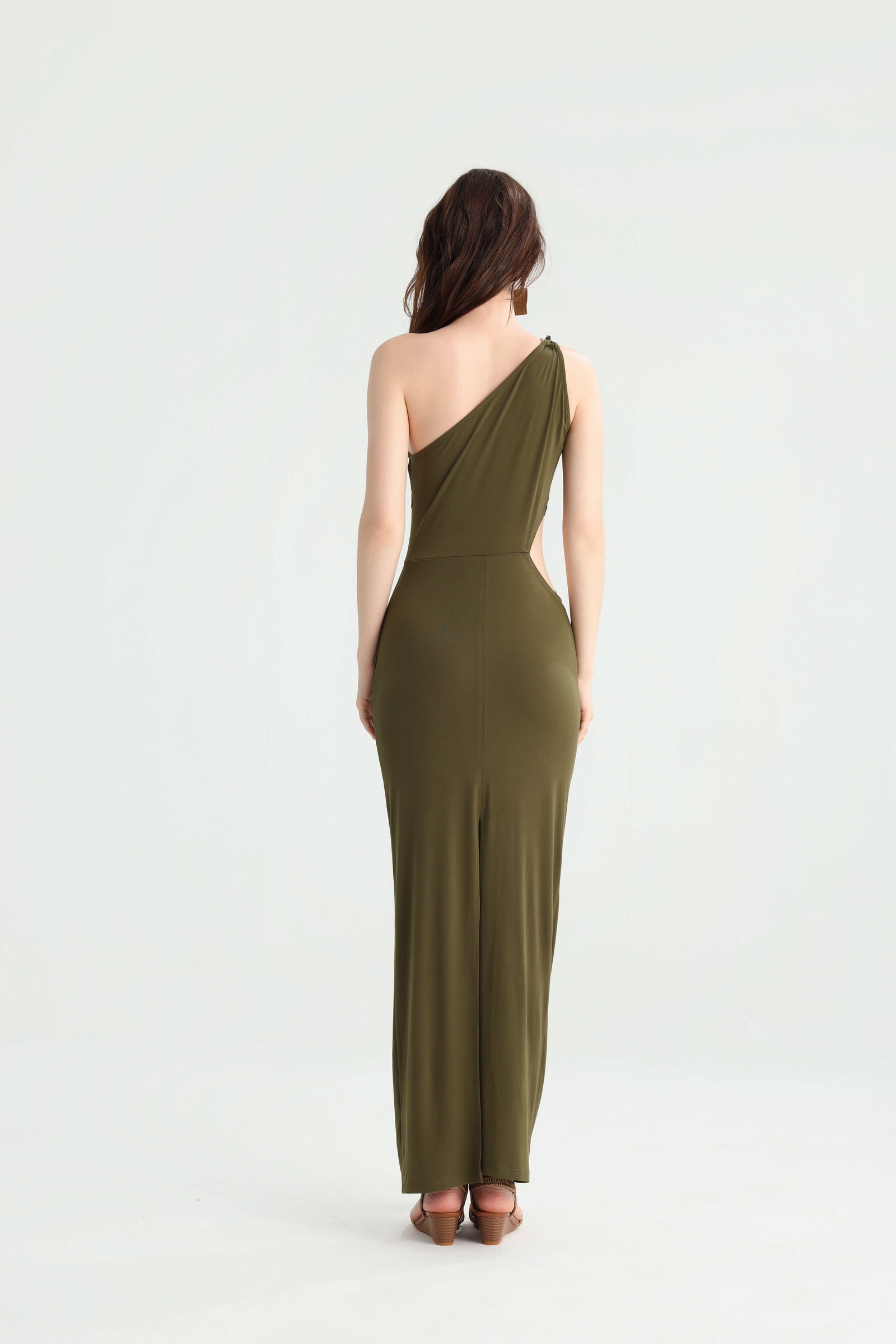 Back view of the fitted olive green one-shoulder dress