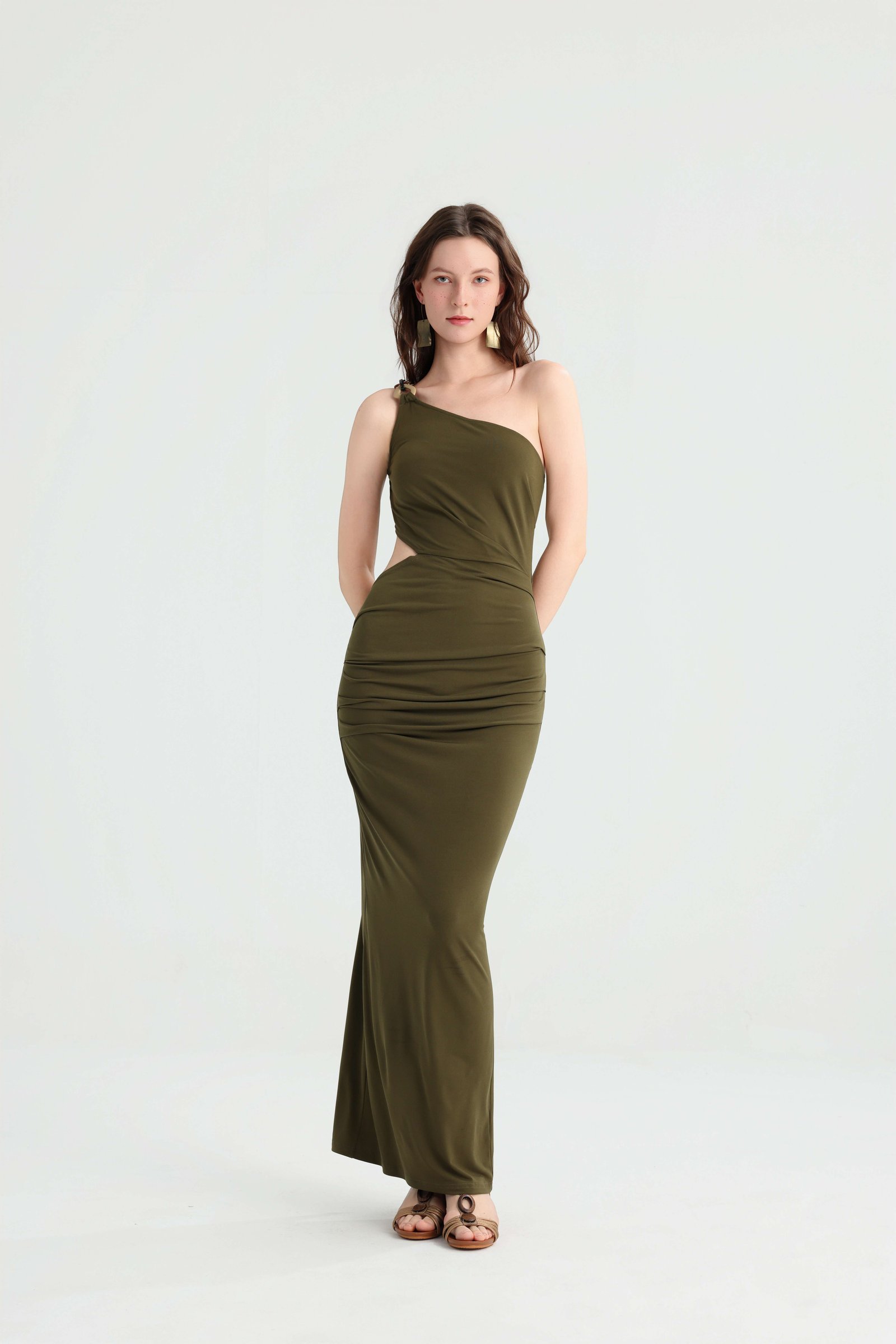Olive Green One-Shoulder Ruched Maxi Dress