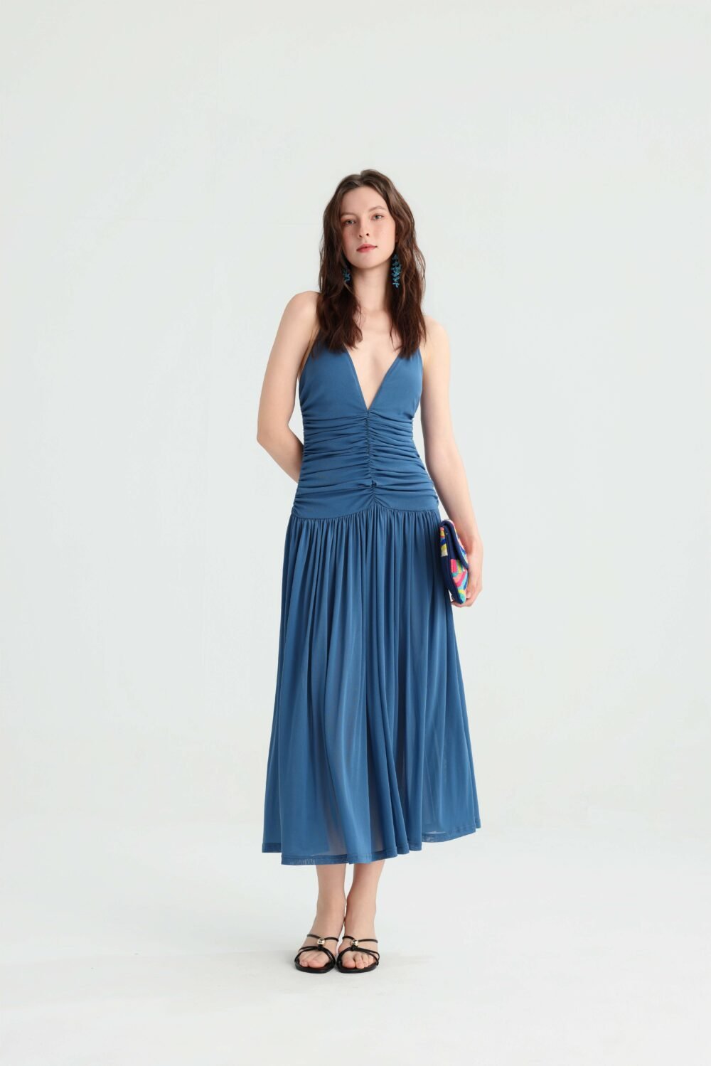Dusty Blue Ruched Midi Dress with Deep V-Neck